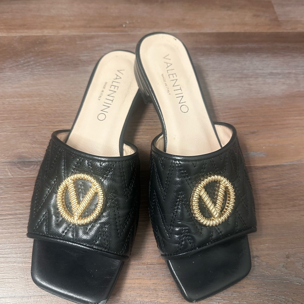 Valentino Black and Gold Mules with Iconic V-Logo
